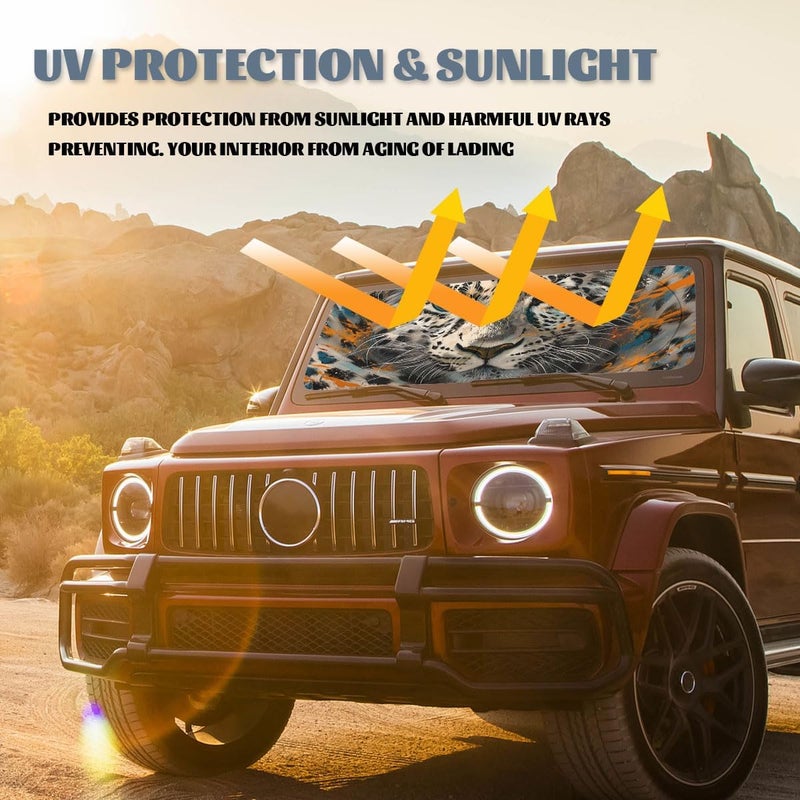 Qoueucc Leopard Print Car Windshield Sun Shade, White, Universal Fit, 59" L x 31.5" W, Blocks UV Rays, Sun Visor Protector - Image 5